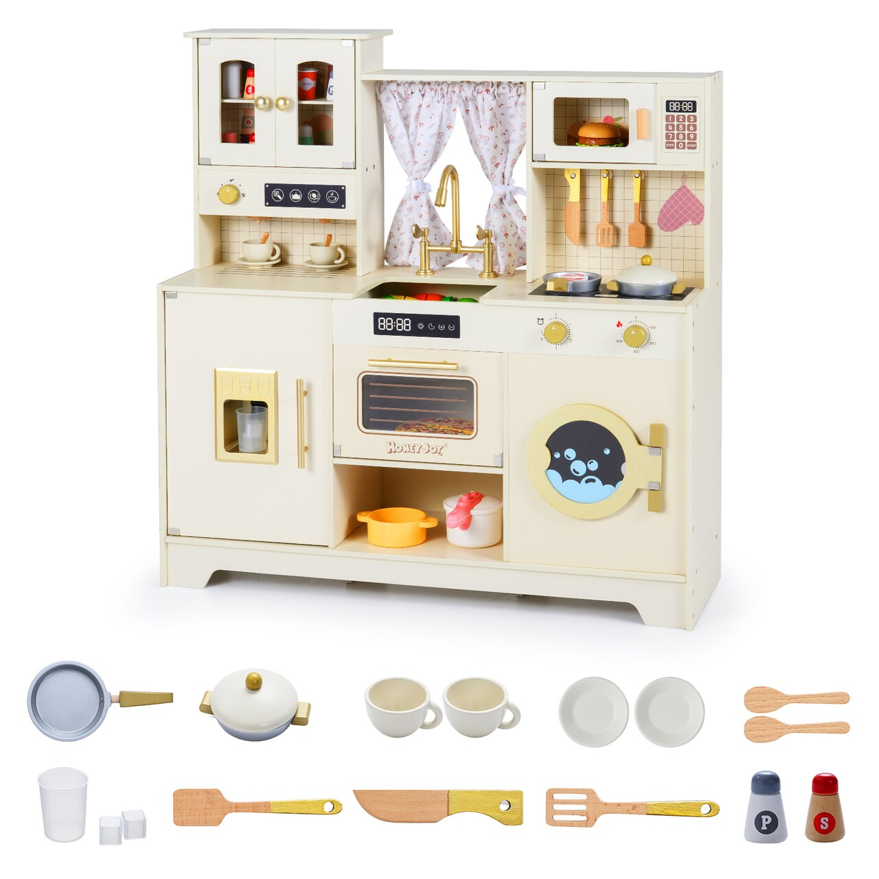 Beige Wooden Kids Kitchen Play set with 14 Accessories for Ages 3+